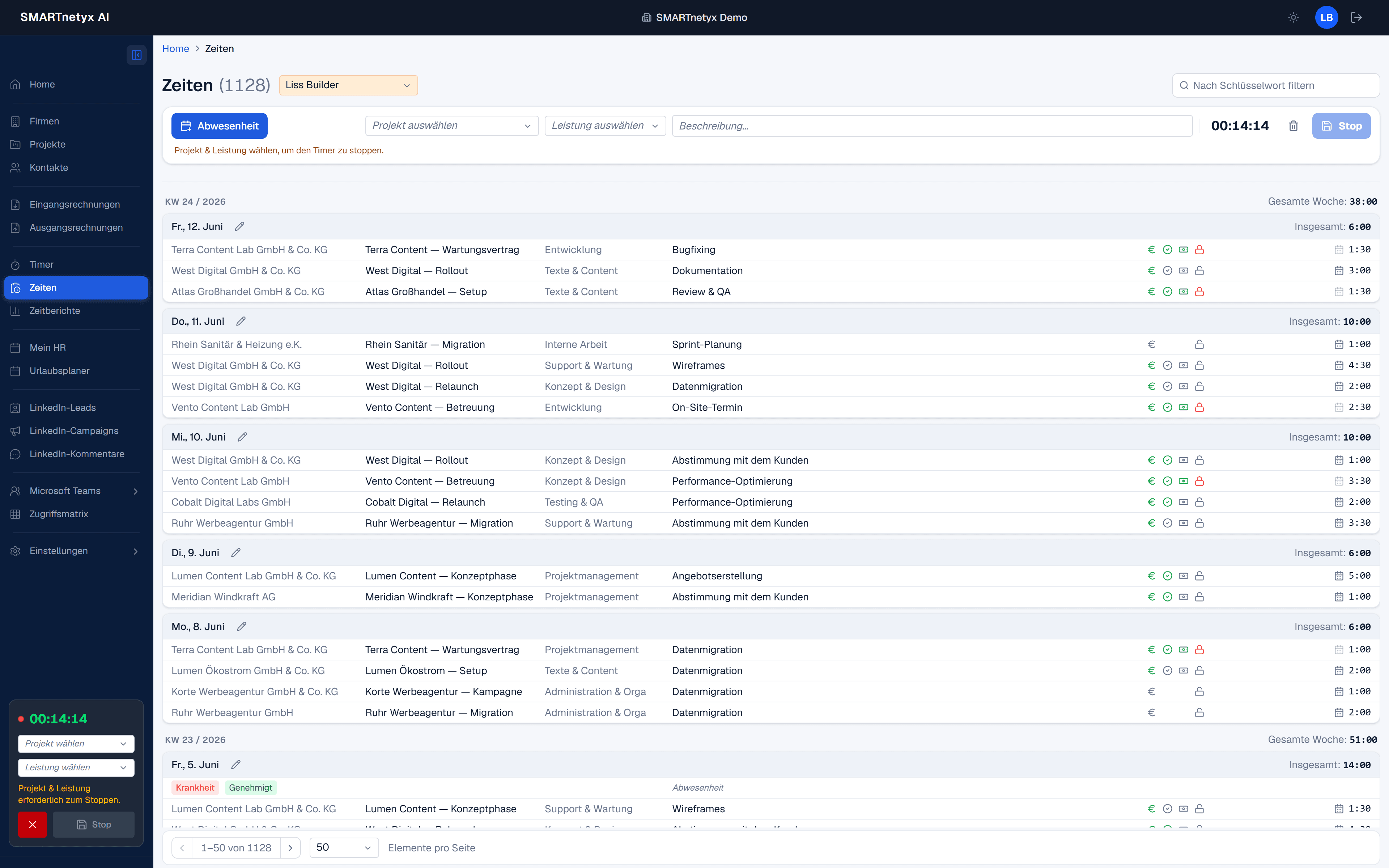 Wochen-Timesheet mit Tages- und Wochensummen
